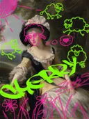 Graffiti-kunstwerk 'Vrouw met Bonnet in Landschap Graffiti Editie', klassiek portret met street-art overspoten