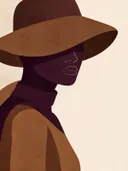 Vrouw met brede hoed in aubergine, mid-century modern schilderij