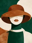 Vrouw met brede hoed in bosgroen, mid-century modern schilderij