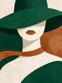Vrouw met brede hoed in bosgroen, mid-century modern schilderij