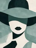 Vrouw met brede hoed in grijsgroen, mid-century modern schilderij