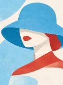 Vrouw met brede hoed in hemelsblauw, mid-century modern schilderij