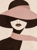 Vrouw met brede hoed in kleiroze, mid-century modern schilderij