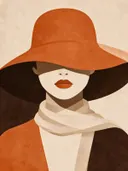 Vrouw met brede hoed in mandarijn, mid-century modern schilderij