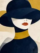 Vrouw met brede hoed in middernachtblauw, mid-century modern schilderij
