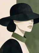 Vrouw met brede hoed in olijfgroen, mid-century modern schilderij