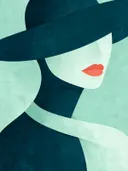 Vrouw met brede hoed in petrolblauw, mid-century modern schilderij
