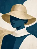 Vrouw met brede hoed in stormblauw, mid-century modern schilderij