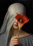 Vrouw met calla-lelie schilderij, klassiek portret met rode bloem