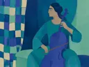 Schilderij van vrouw met cello in koele kleuren bij elkaar