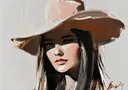 Portretschilderij van een vrouw met een witte cowboyhoed en donker haar
