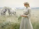 Vrouw in het wit met twee witte paarden in een veld