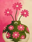 Schilderij van vrouw met een bloemenvaas in roze en olijf, in vlakke kleurvlakken
