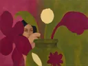 Schilderij van vrouw met een vaas bloemen in magenta en olijf, in vlakke kleurvlakken
