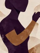 Vrouw met geheven arm in aubergine, mid-century modern schilderij
