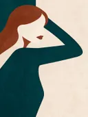 Vrouw met geheven arm in diep zeegroen, mid-century modern schilderij