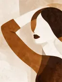 Vrouw met geheven arm in karamel, mid-century modern schilderij