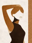 Vrouw met geheven arm in karamel, mid-century modern schilderij