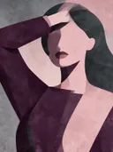 Vrouw met geheven arm in pruim, mid-century modern schilderij