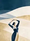 Vrouw met geheven arm in stormblauw, mid-century modern schilderij