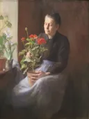 Vrouw met geraniums van Caroline A. Lord: portret met binnenkamer en bloemen