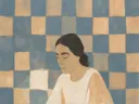 Schilderij van vrouw met gesloten ogen in grijsblauw en abrikoos, in vlakke kleurvlakken
