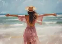 Schilderij van een vrouw met gespreide armen aan het strand