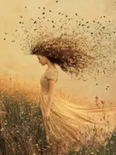 Vrouw in bloemenveld met haar dat overgaat in een wolk van gouden bloesem en vogels