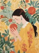 Vrouw in gele jurk houdt een granaatappel vast tussen fruitbomen.