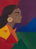 Schilderij van vrouw met grote oorbel in alle kleuren van de regenboog