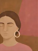 Schilderij van vrouw met grote oorbel in poederroze en bruin, in vlakke kleurvlakken