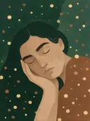 Schilderij van vrouw met hand onder het hoofd in dennengroen en klei, in vlakke kleurvlakken