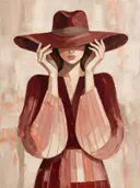 Vrouw met hoed, olieverf in diep oud roze, schilderachtig olieverf schilderij, vrouw met hoed