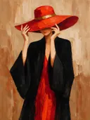 Vrouw met hoed, olieverf in diep vuurrood, schilderachtig olieverf schilderij, vrouw met hoed