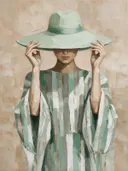 Vrouw met hoed, olieverf in diep zeegroen, schilderachtig olieverf schilderij, vrouw met hoed