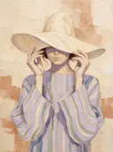 Vrouw met hoed, olieverf in donker lavendelvelden, schilderachtig olieverf schilderij, vrouw met hoed