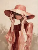 Vrouw met hoed, olieverf in donker oud roze, schilderachtig olieverf schilderij, vrouw met hoed