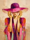Vrouw met hoed, olieverf in fel magenta, schilderachtig olieverf schilderij, vrouw met hoed