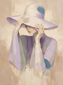 Vrouw met hoed, olieverf in lavendelvelden, schilderachtig olieverf schilderij, vrouw met hoed