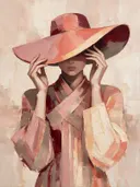 Vrouw met hoed, olieverf in oud roze, schilderachtig olieverf schilderij, vrouw met hoed