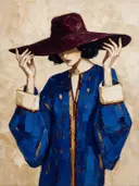 Schilderachtig olieverf schilderij, vrouw met hoed in royal blauw