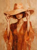 Schilderachtig olieverf schilderij, vrouw met hoed in terracotta