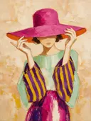 Vrouw met hoed, olieverf in warm fel magenta, schilderachtig olieverf schilderij, vrouw met hoed