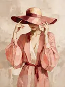 Vrouw met hoed, olieverf in warm oud roze, schilderachtig olieverf schilderij, vrouw met hoed