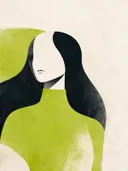 Vrouw met hoge kraag in chartreuse, mid-century modern schilderij