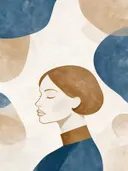 Vrouw met hoge kraag in denimblauw, mid-century modern schilderij