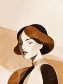 Vrouw met hoge kraag in karamel, mid-century modern schilderij