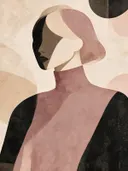 Vrouw met hoge kraag in kleiroze, mid-century modern schilderij