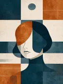 Vrouw met hoge kraag in leiblauw, mid-century modern schilderij