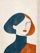 Vrouw met hoge kraag in leiblauw, mid-century modern schilderij